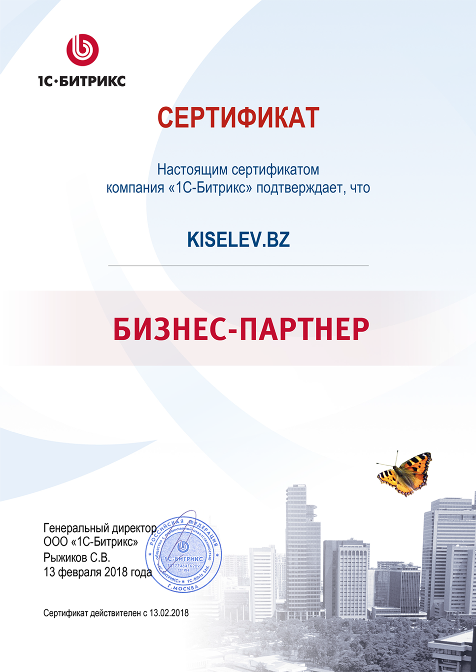 Сертификат партнёра по СРМ системам в Семилуках